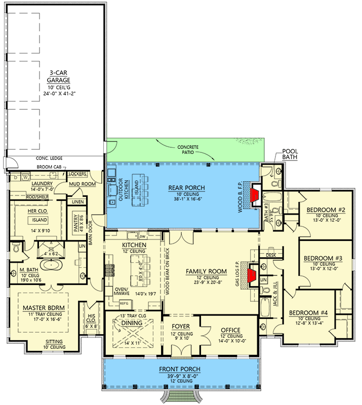 Plan 56475SM: 4-Bed French Country Plan with Home Office and Formal Dining Space - 3273 Sq Ft - Floor Plan - Main Level - Acadian, Country, French Country, Louisiana-Style, Southern, Traditional