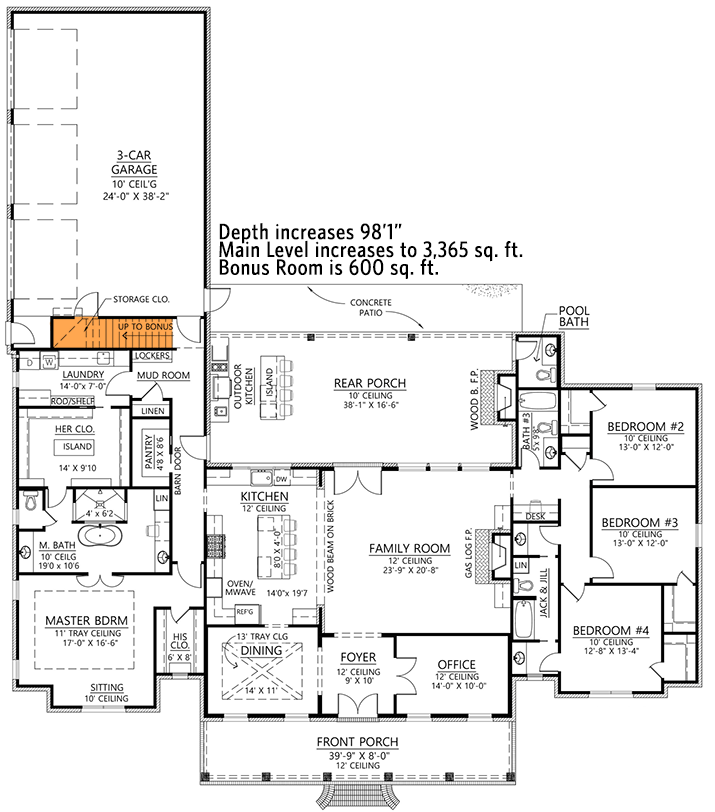 Plan 56475SM: 4-Bed French Country Plan with Home Office and Formal Dining Space - 3273 Sq Ft - Floor Plan - Main Level - Bonus Level Stairs Location - Acadian, Country, French Country, Louisiana-Style, Southern, Traditional