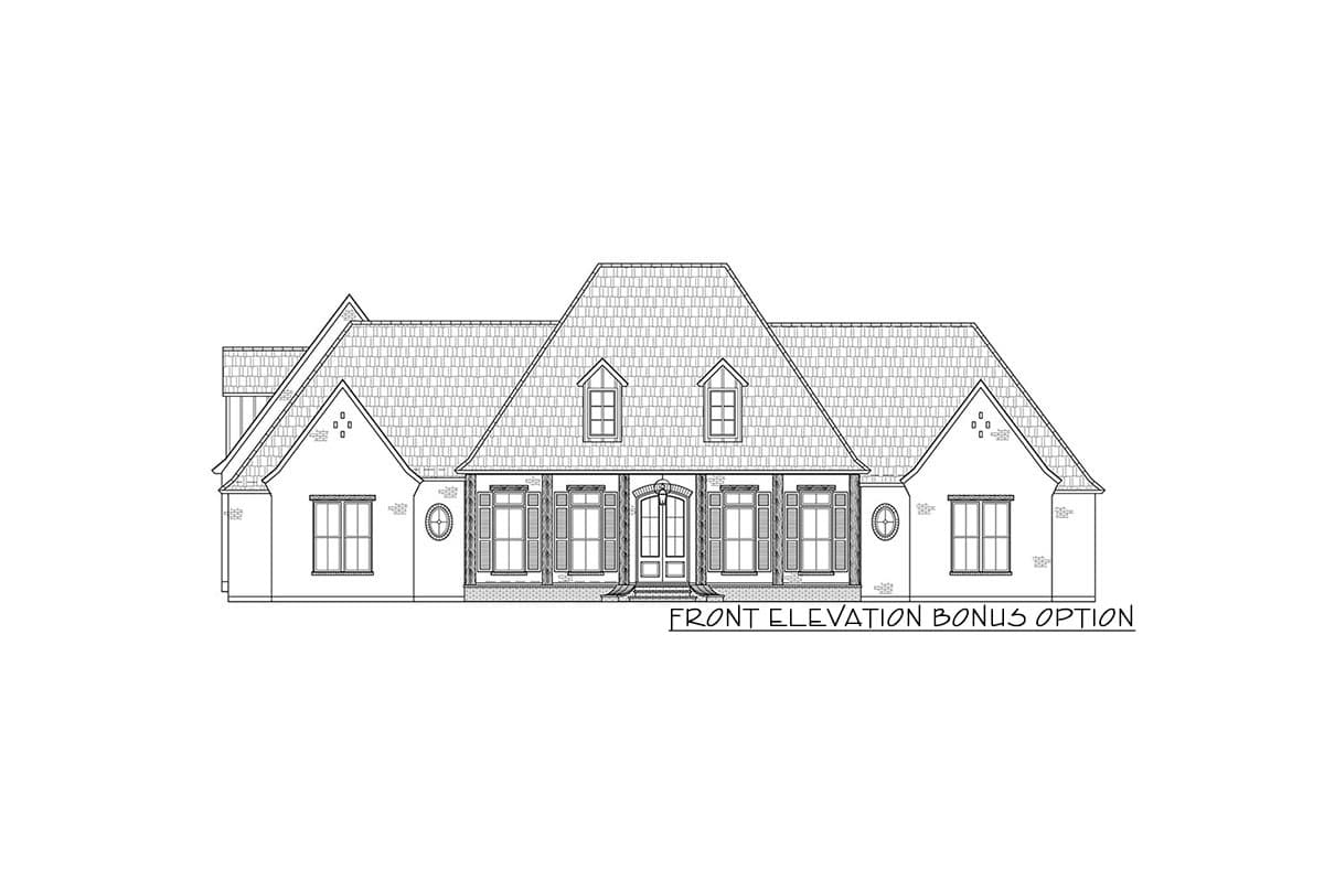 Front elevation house plan with symmetrical gables, a central dormer, and a covered entry porch.