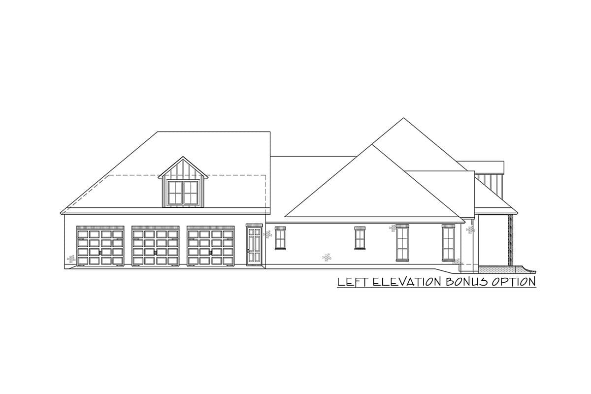 House plan left elevation showing a bonus option with a dormer, three-car garage, and covered porch.