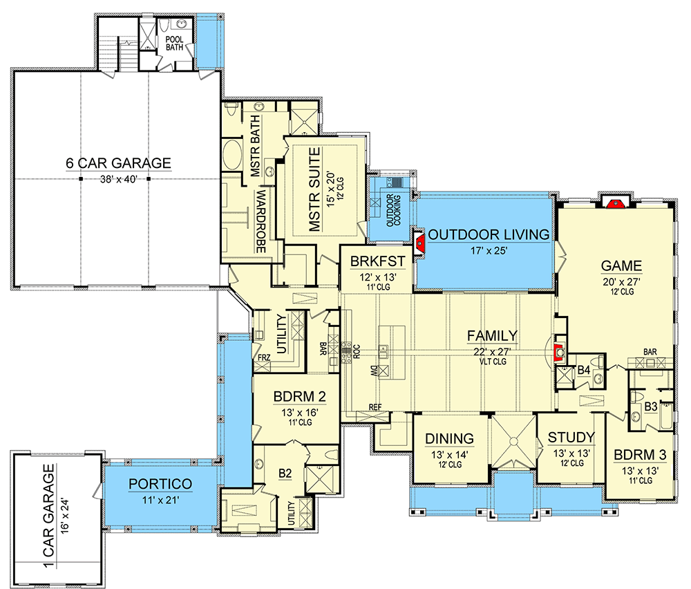 Plan 36619TX: One-Level Mediterranean House Plan with Large Game Room - 4592 Sq Ft - Floor Plan - First Floor - European, Hill Country, Tuscan