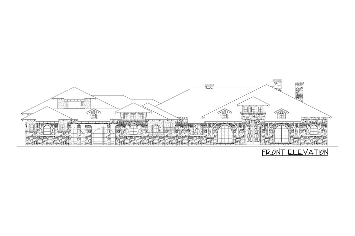 Front elevation drawing of a large house plan with stone facade, multiple gables, dormers, arched windows, and a central garage.