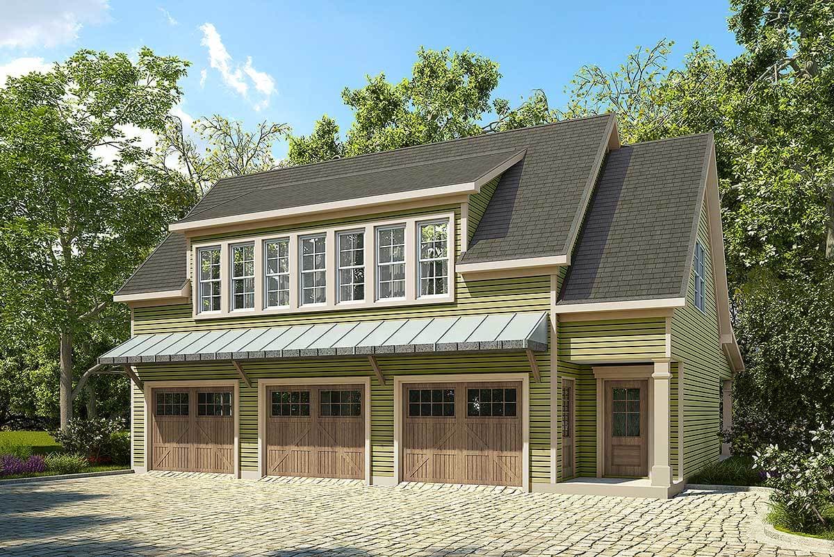 House plan exterior. Two-story structure with a three-car garage, multiple gables, and a metal awning over garage doors.