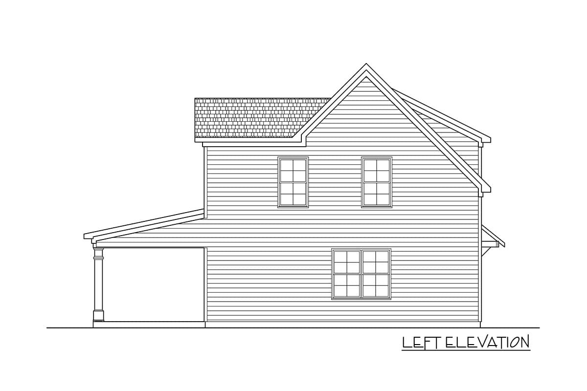 Left elevation drawing of a two-story house plan with a covered porch, visible siding, and gabled rooflines.