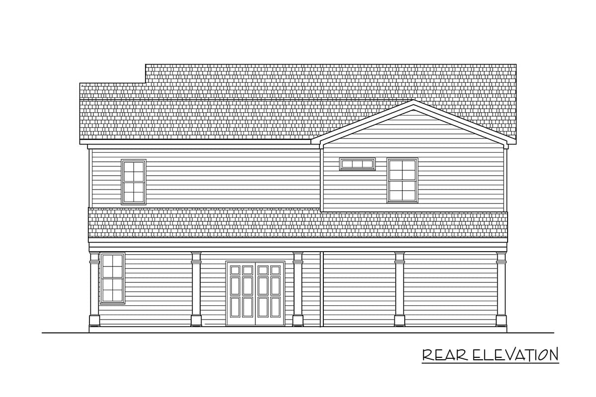 Rear elevation drawing of a two-story house with a gabled roof, siding, and covered entrance with columns.