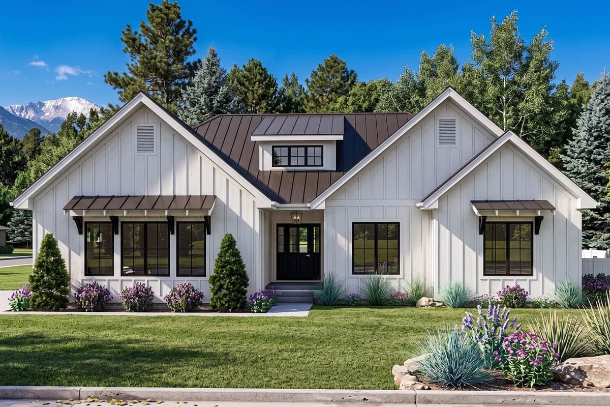 House plan exterior. Modern Farmhouse style, one-story. Features include gabled roof, window awnings, and a dormer above the entry door.