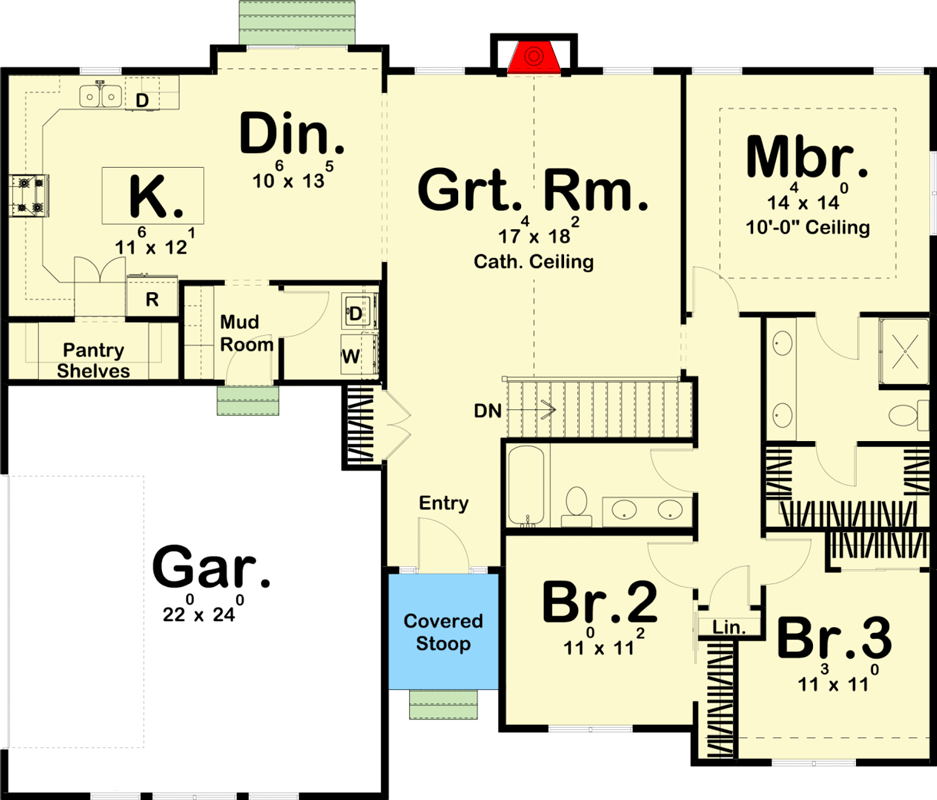 Plan 62879DJ: One-Story Modern Farmhouse Plan with Cathedral Ceiling in the Great Room - 1678 Sq Ft - Floor Plan - Main Level - Country, Farmhouse, Modern Farmhouse, New American, Ranch, Traditional