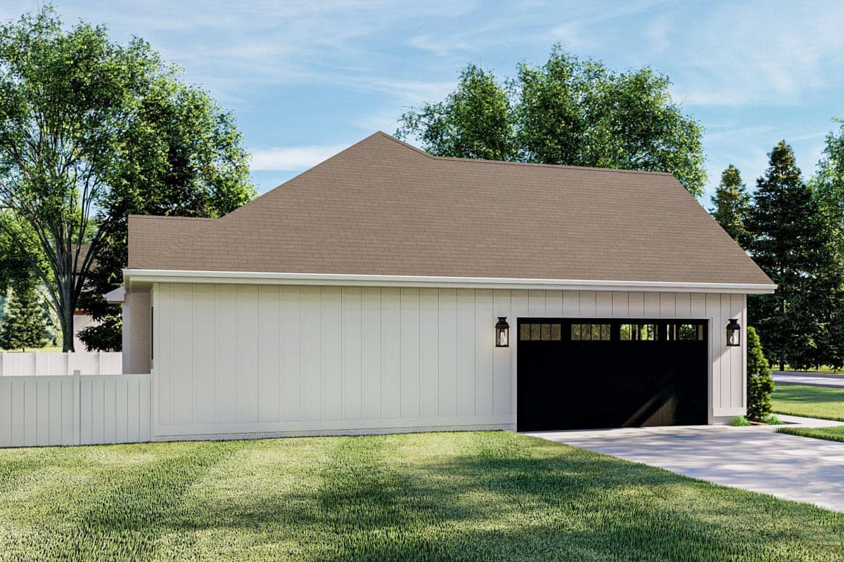 House plan exterior side view shows a white board and batten siding, gable roof, and a black garage door with window panes.
