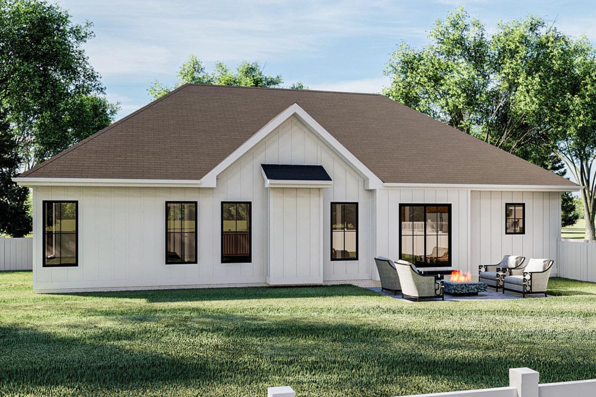 House plan exterior: Modern Farmhouse style, one story, with board-and-batten siding, gabled roof, and central dormer.