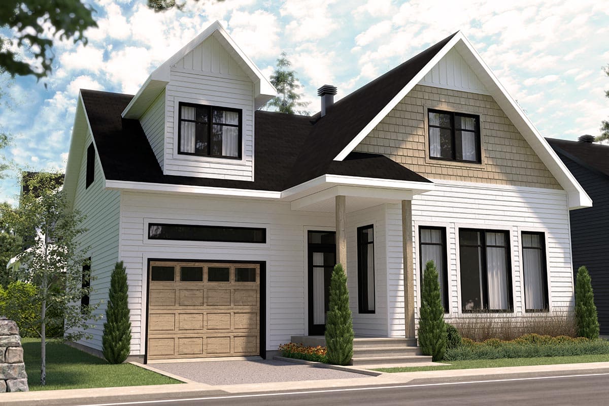 House plan exterior: Two-story home with gables, dormers, board and batten siding, and a wood garage door.