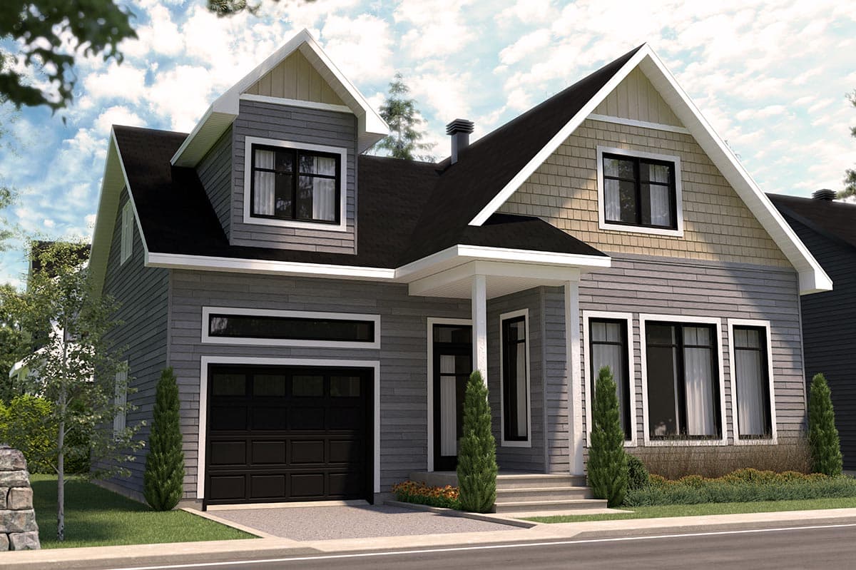 Two-story house plan exterior with gabled dormers, mixed siding, and attached two-car garage.