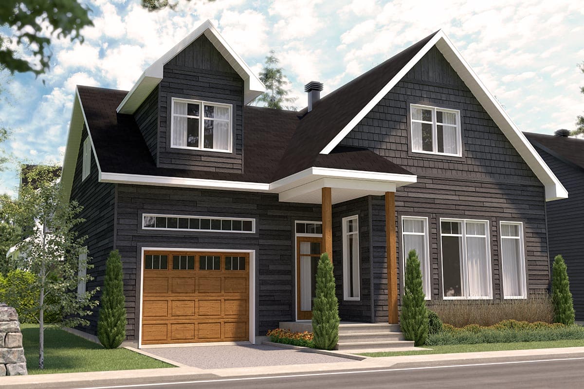 House plan exterior: Two-story modern home with dark vertical siding, gables, and a wood garage door.