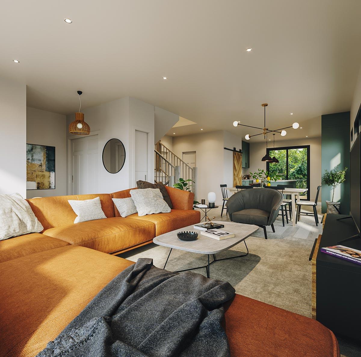 Open concept living area with sectional sofa, coffee table, dining area, and stairs to second level.