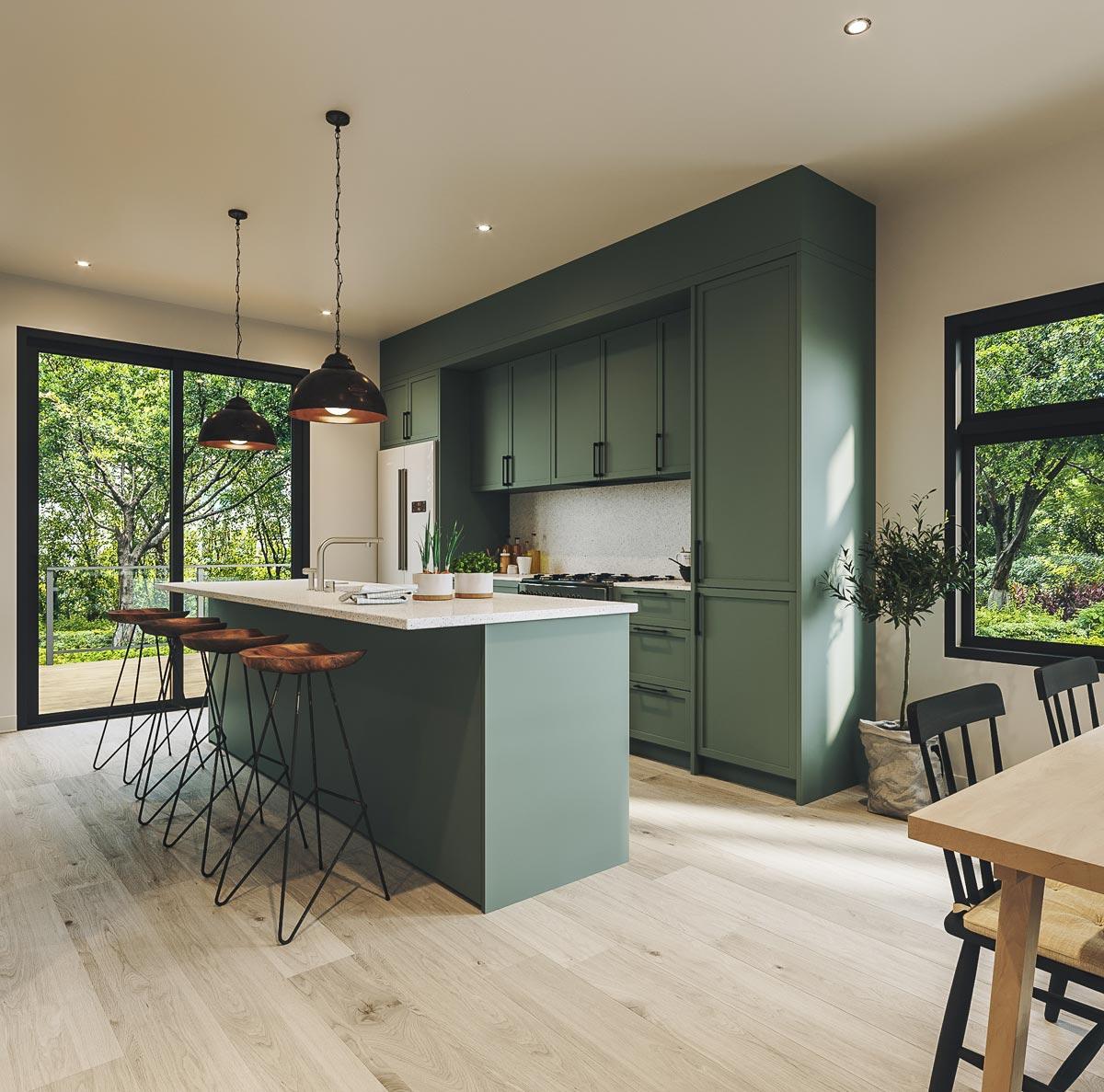 Kitchen interior rendering with a large island, green cabinetry, and sliding glass doors overlooking a backyard.