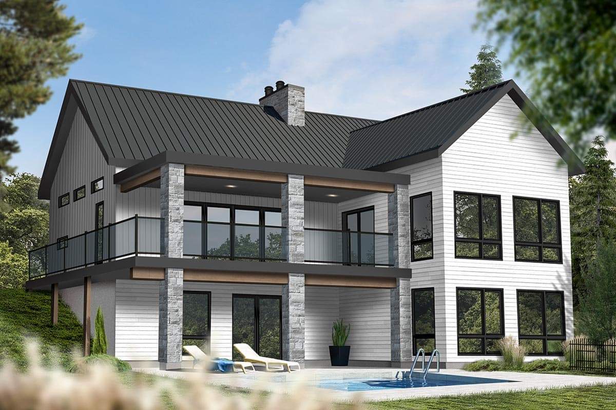 A modern two-story white house with a dark gray roof, glass balconies, and a swimming pool, set in a green landscape.