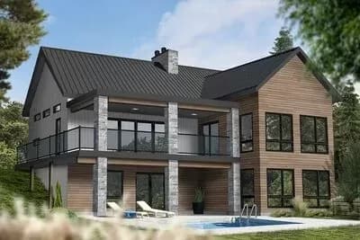 New American Mountain Ranch Home Plan for the Rear Sloping Lot