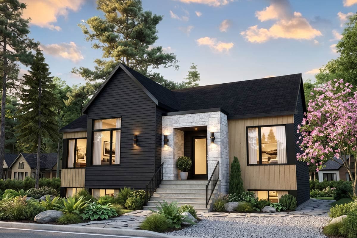 House plan exterior with two stories and a modern style. Features include gabled roof, stone entry, and varied siding materials.