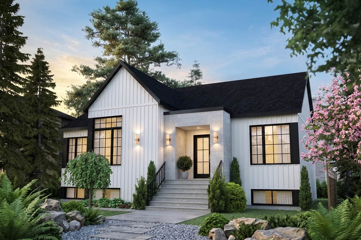 Modern house plan exterior with dark siding, white vertical siding, stone-clad entry, and gabled roof.