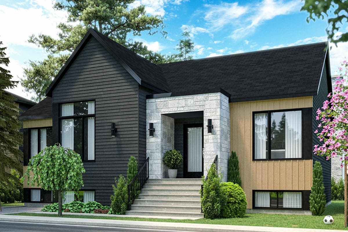 House plan exterior with two stories and a modern style. Features include gabled roof, stone entry, and varied siding materials.