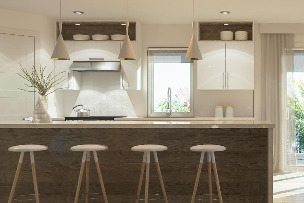 Kitchen island with wood veneer, white cabinets, hexagon tile backsplash, pendant lights, and a large window.