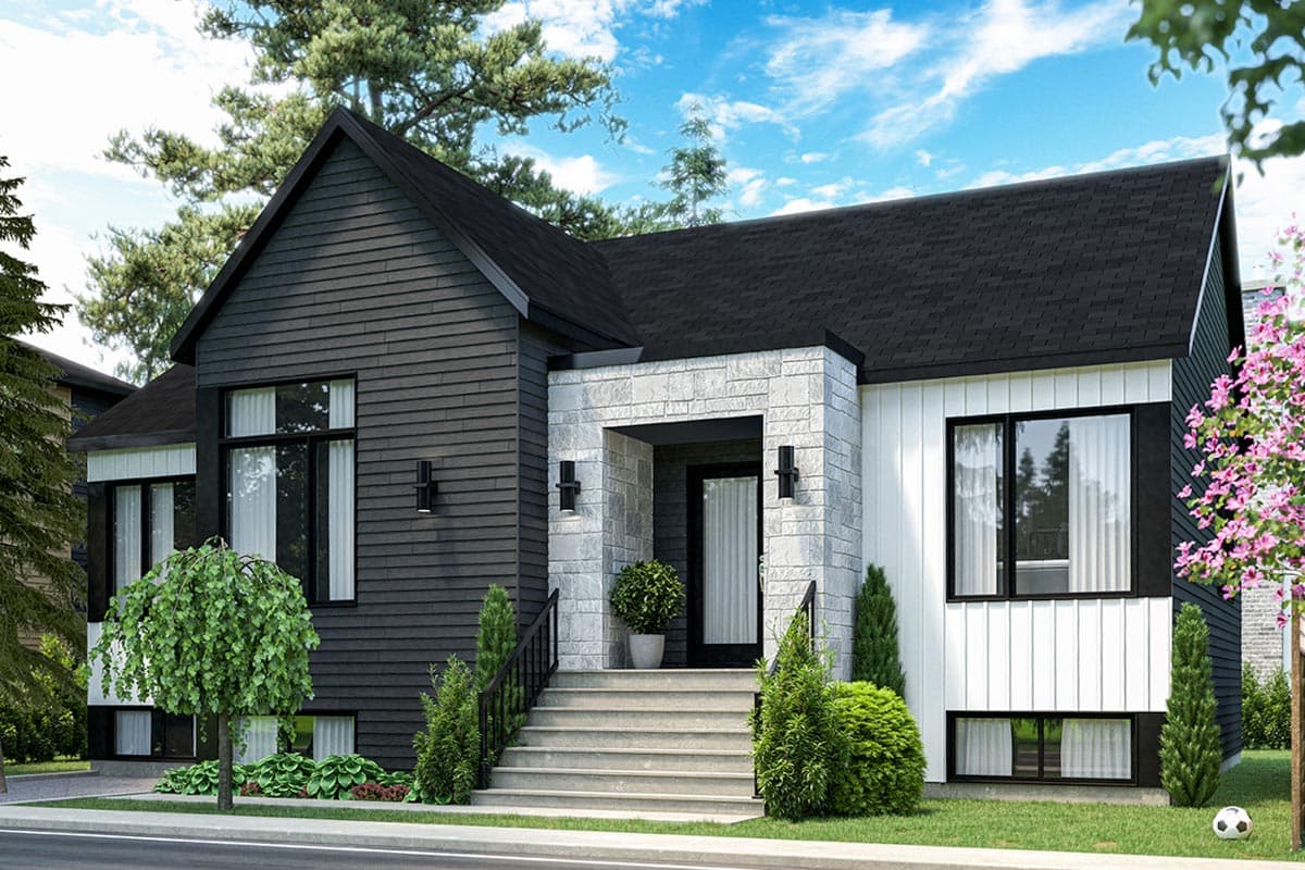Modern house plan exterior with dark siding, white vertical siding, stone-clad entry, and gabled roof.