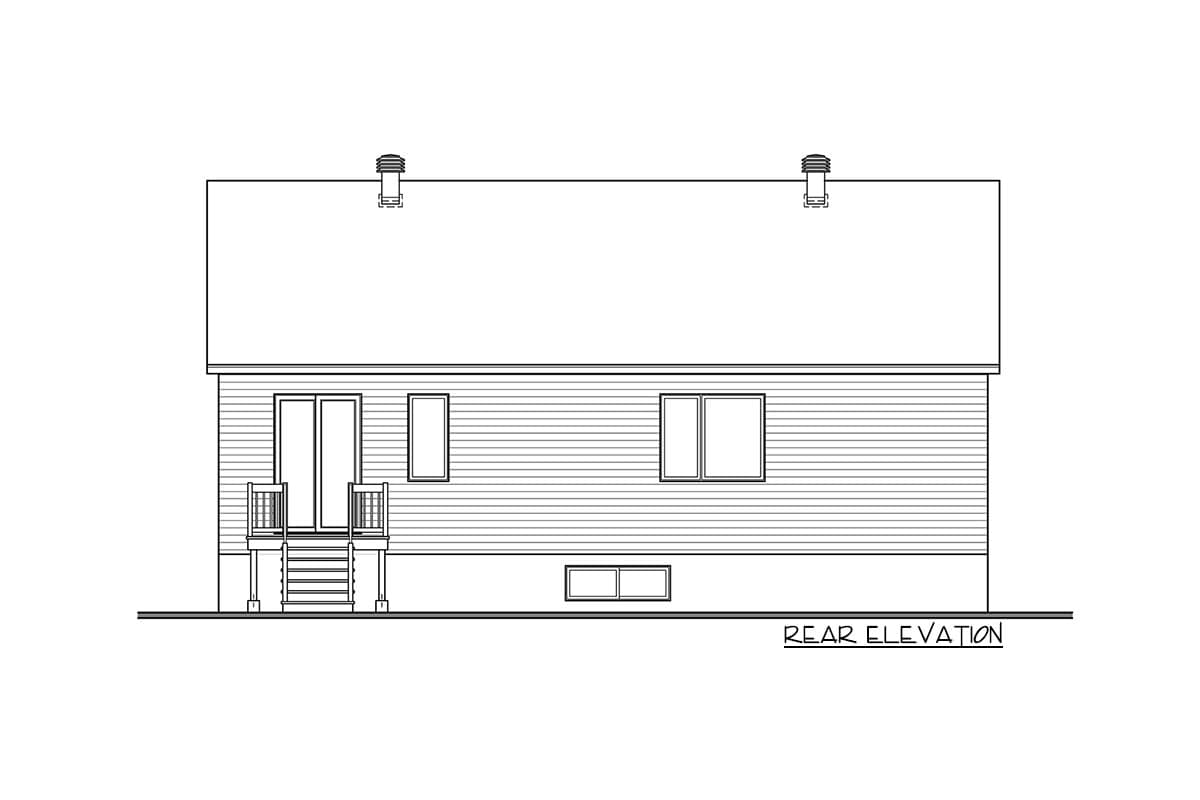 Rear elevation drawing showing siding, double doors with railings and steps, and three windows.