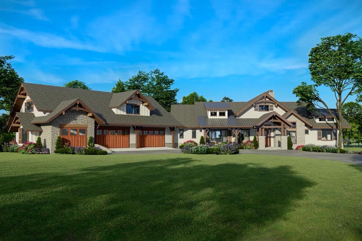 House plan exterior with stone accents, wood garage doors, and multiple gables. Features a covered porch and dormer windows.