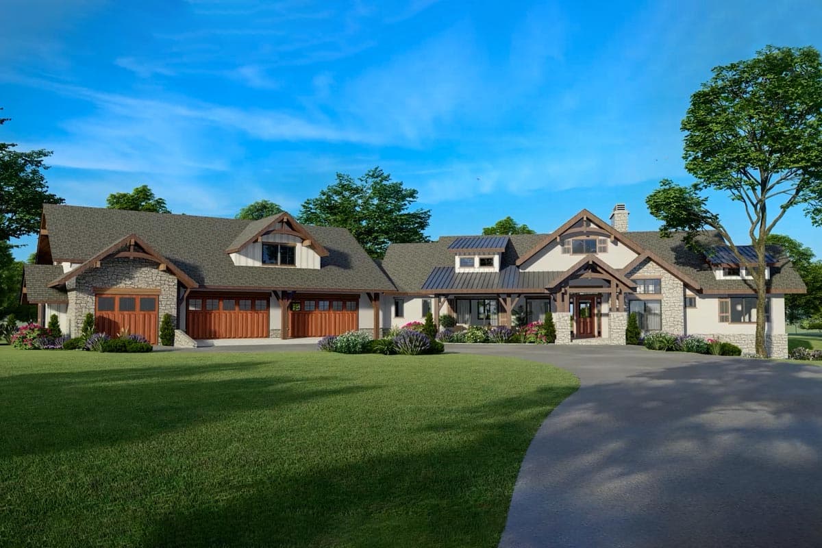 House plan exterior: Modern Farmhouse style, two stories, stone accents, gable dormers, and a three-car garage.