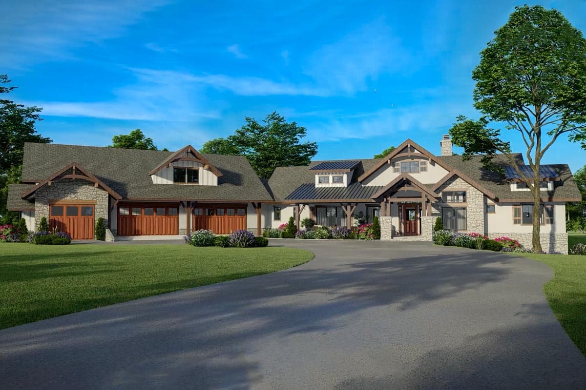 House plan exterior: Modern Farmhouse style, 2 stories, stone accents, gabled dormers, prominent porch with timber supports, and a 3-car garage.