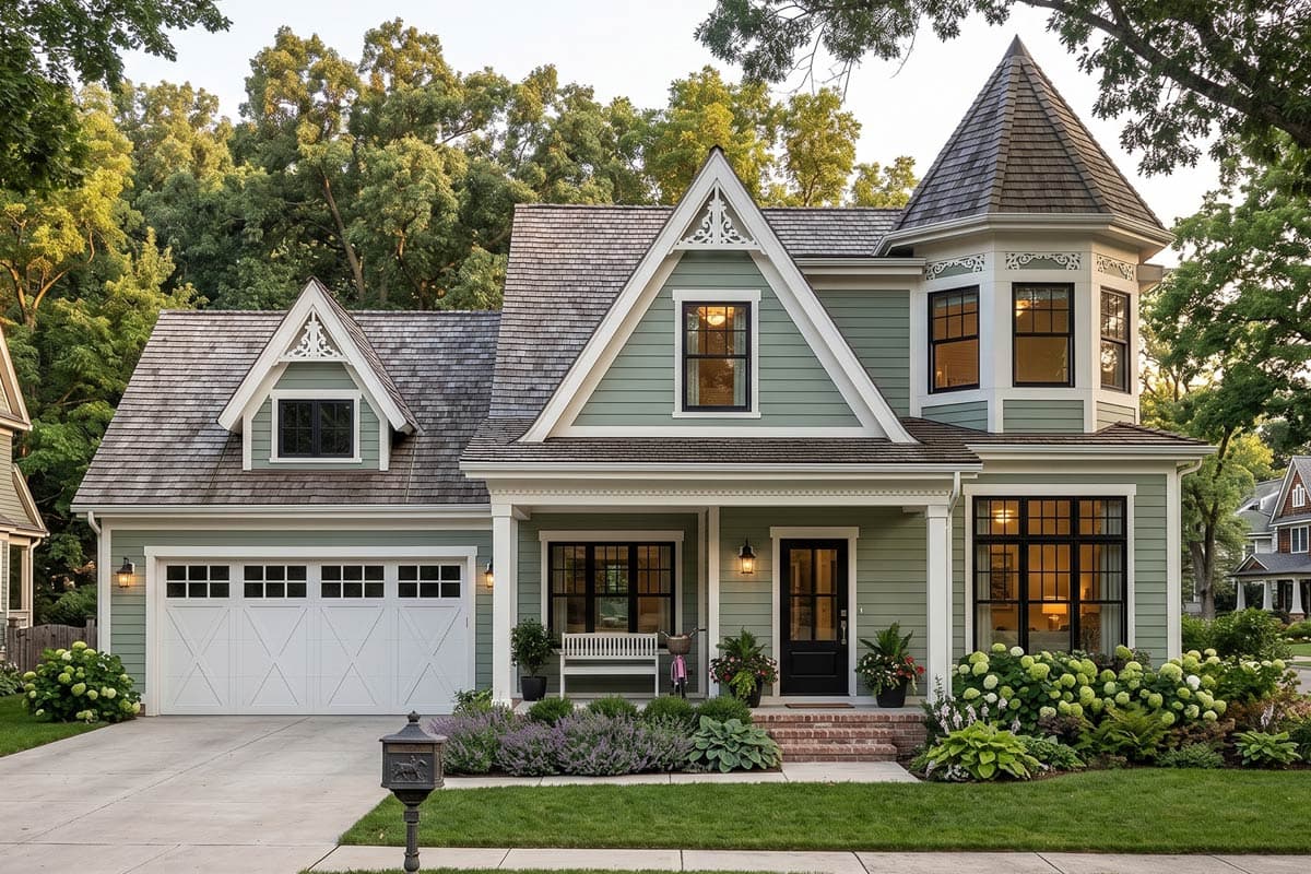Craftsman house plan exterior with a prominent gabled dormer, a turret, and a two-car garage.