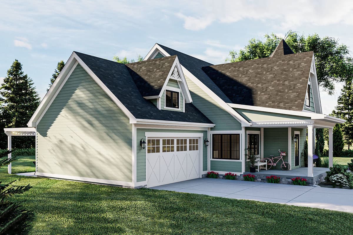 House plan exterior of a two-story Modern Farmhouse with a side-entry garage, prominent gables, and a covered front porch.