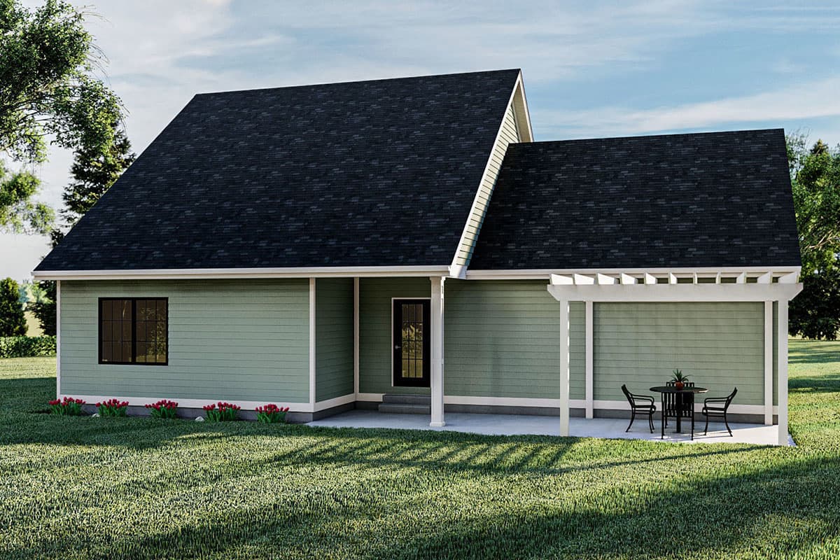 House plan exterior: One-story home with gable roof, a covered entry, and a pergola over patio.