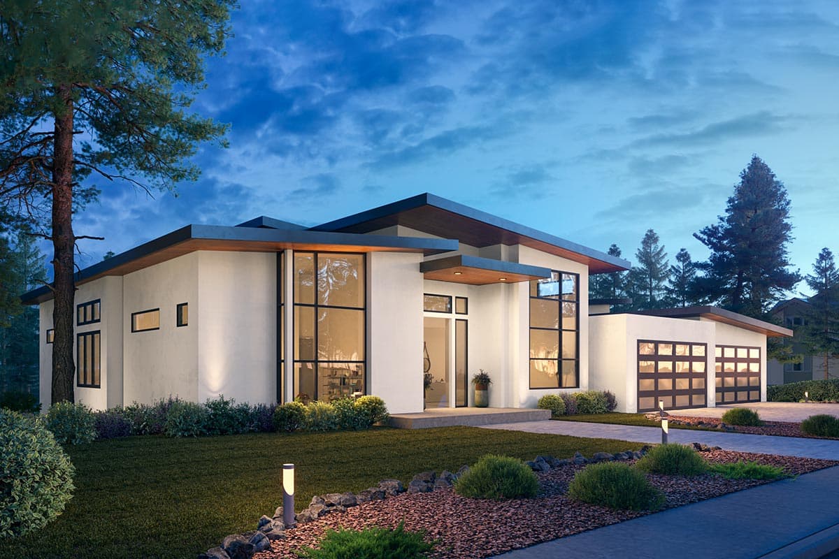 House plan exterior. Modern style, one-story home with flat roof, floor-to-ceiling windows, and attached garage with glass panel doors.