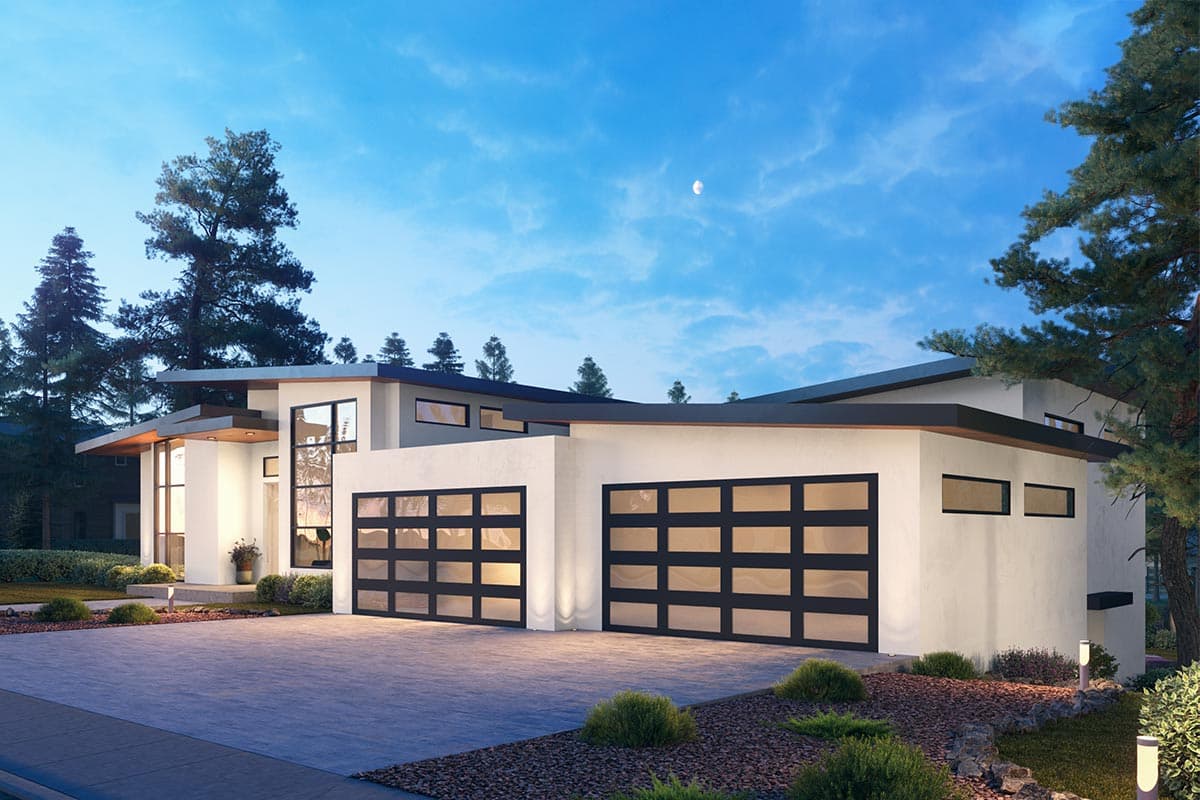 Modern house plan exterior with flat rooflines, two-car garage with glass panel doors, and large windows.