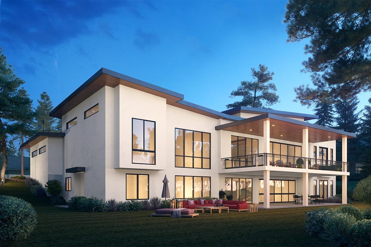 Modern house plan exterior with two stories, large windows, flat rooflines, and covered upper balcony.