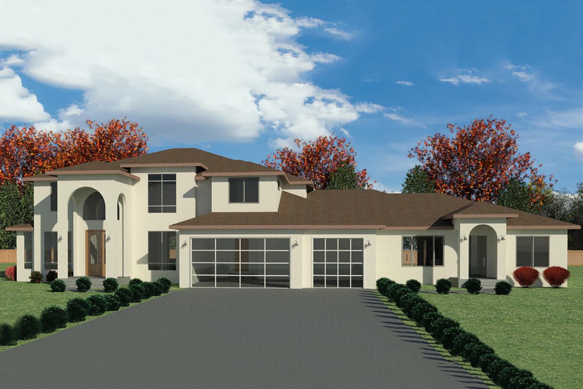 House plan exterior with two stories. Features include an arched entryway, flat roof, and a two-car garage with glass doors.