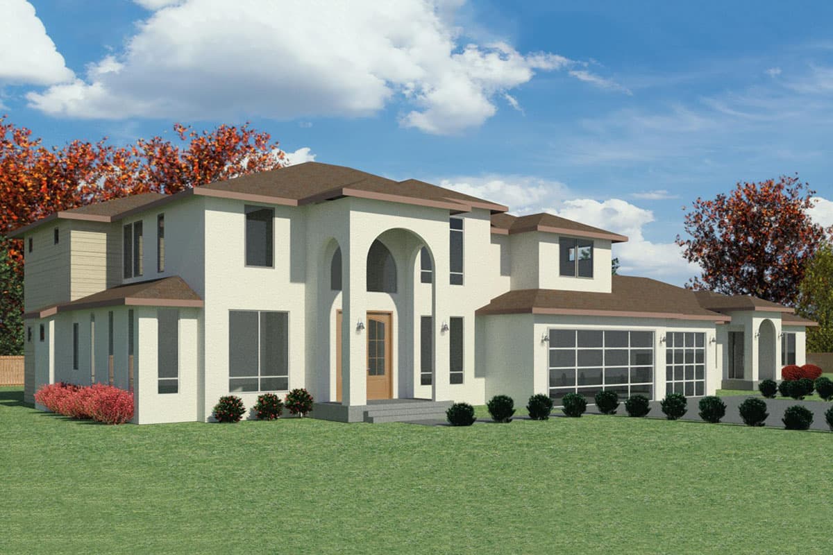 House plan exterior: Two-story stucco home with arched entry, dual garage doors, and varied rooflines.