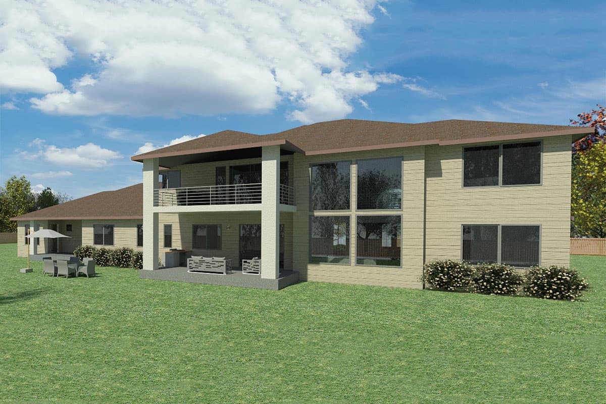 House plan exterior, two stories, with a balcony, large windows, and covered patio.