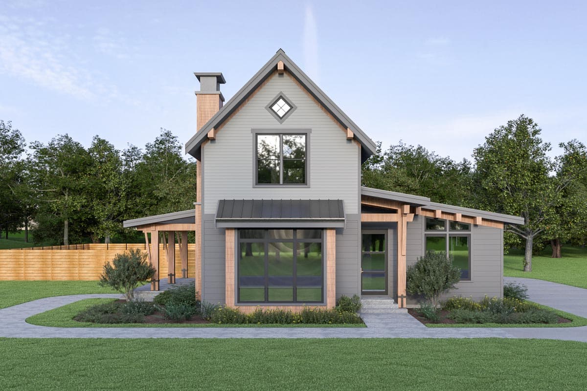 House plan exterior featuring Modern Farmhouse style with a two-story structure, gabled roof, and a covered porch. Includes a brick chimney.
