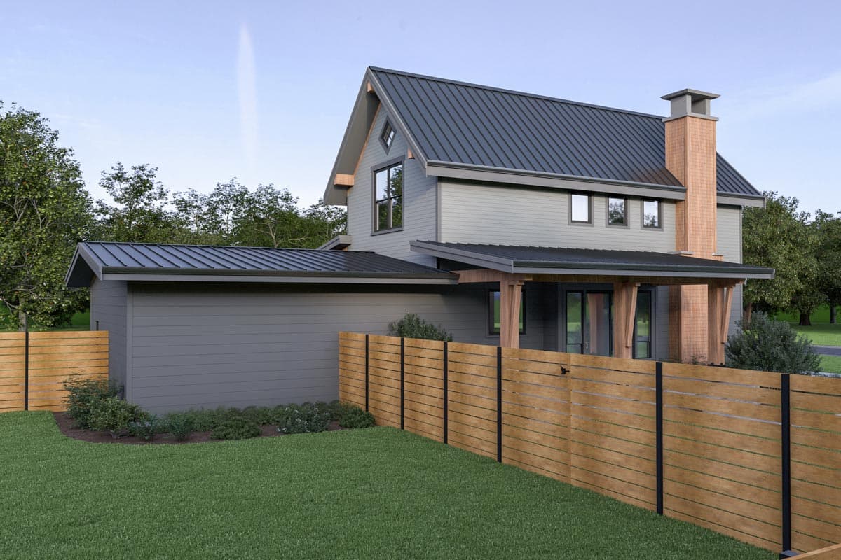 Modern farmhouse house plan exterior with metal roof, gable dormer, and wood-accented porch.