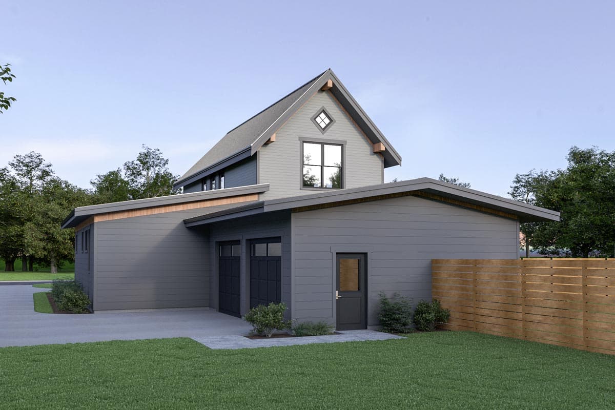 House plan exterior featuring a two-story main section with a gambrel roof and a single-story garage with two doors.