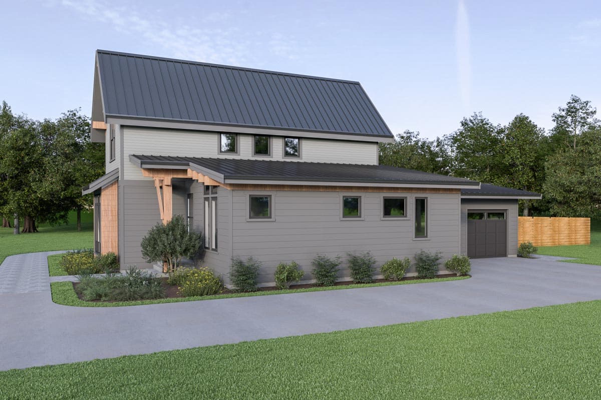 Modern two-story house plan exterior with metal roof, prominent gables, wood accents, and a single-car garage.