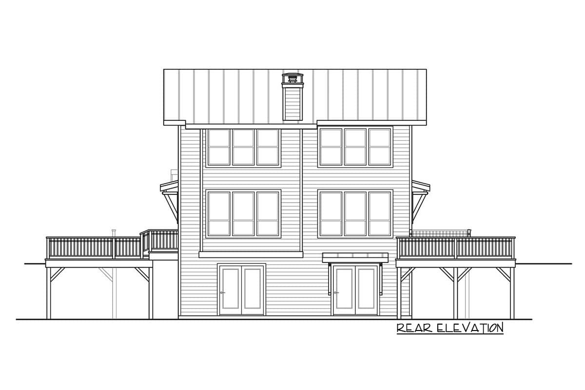 Rear elevation drawing of a three-story house plan with multiple windows, double doors, and decks on two levels.