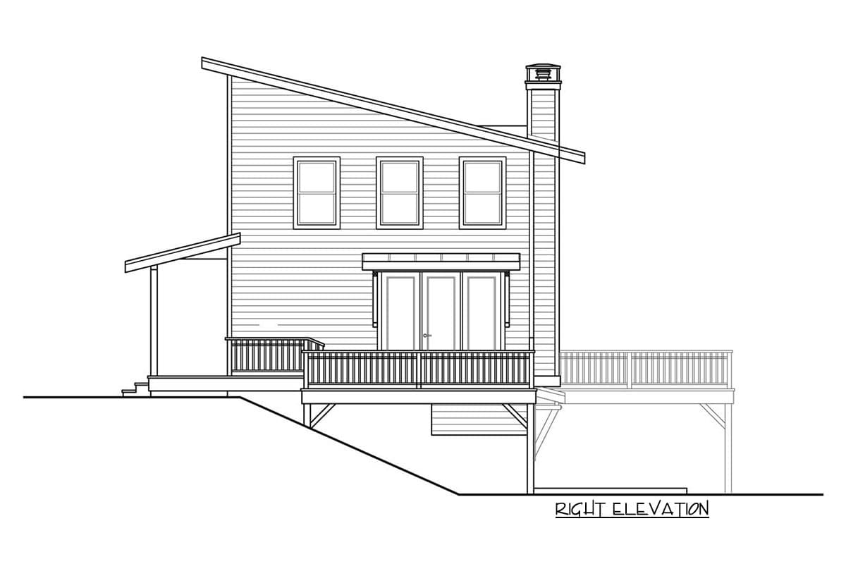 Right elevation house plan showing a modern design with a shed roof, multiple windows, deck, and chimney.