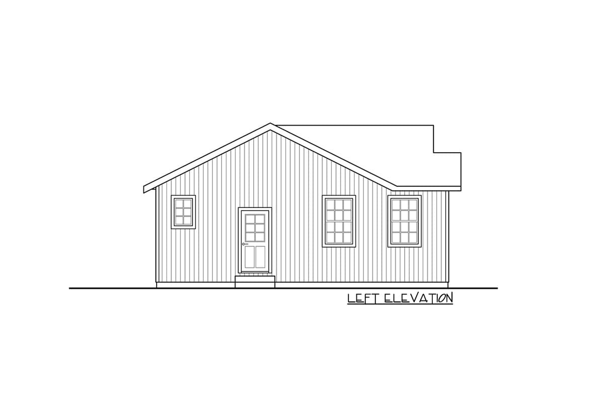 Left elevation house plan showing a single-story structure with a gable roof, front door, and three windows.