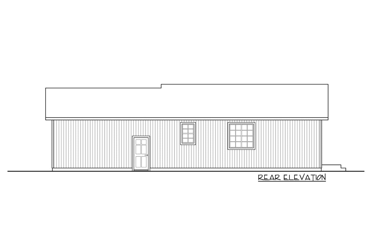 Rear elevation of a house plan with vertical siding, a door, and two windows.