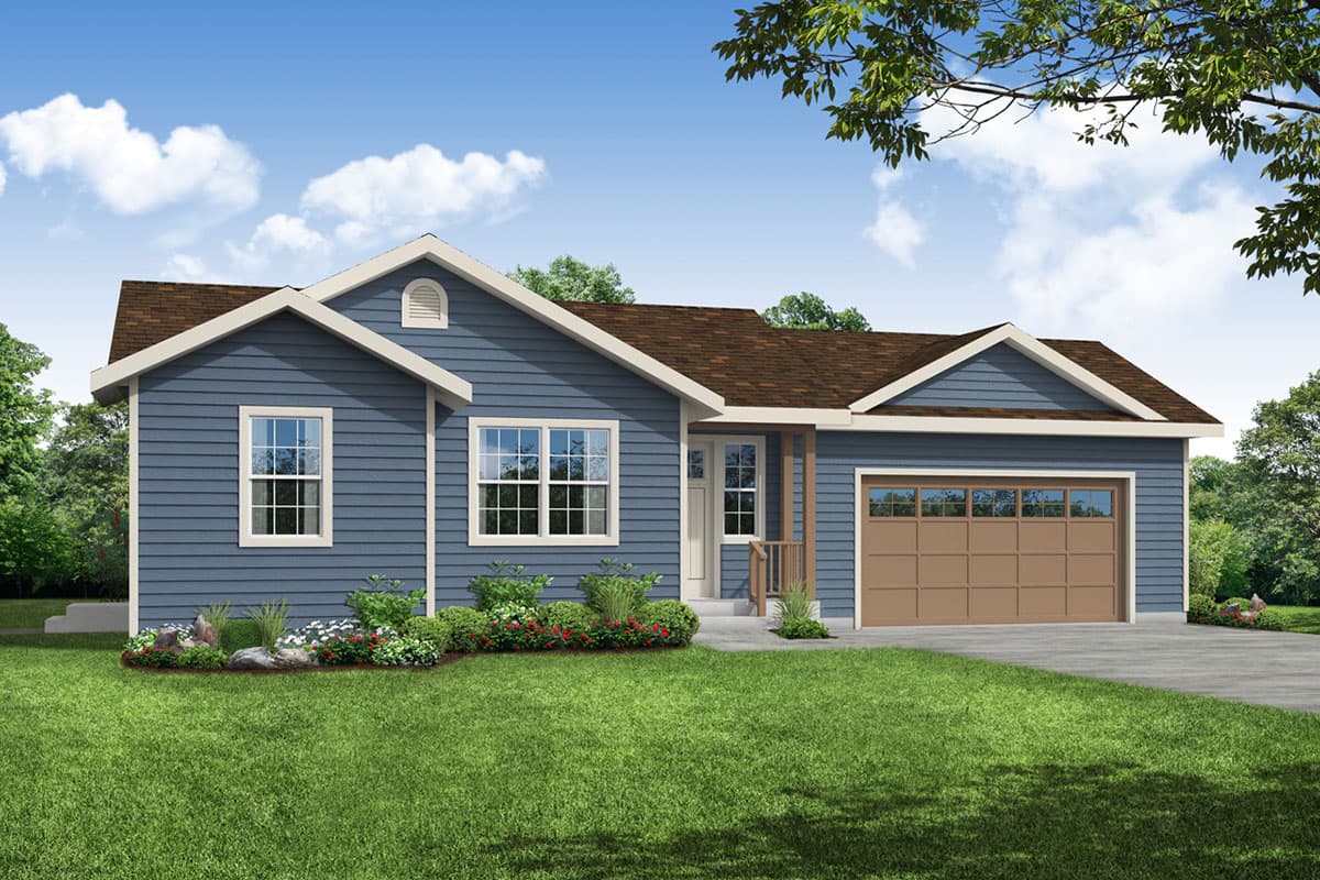 House plan exterior. Ranch style with a single story. Features include a gabled roofline, a front porch, and an attached garage.