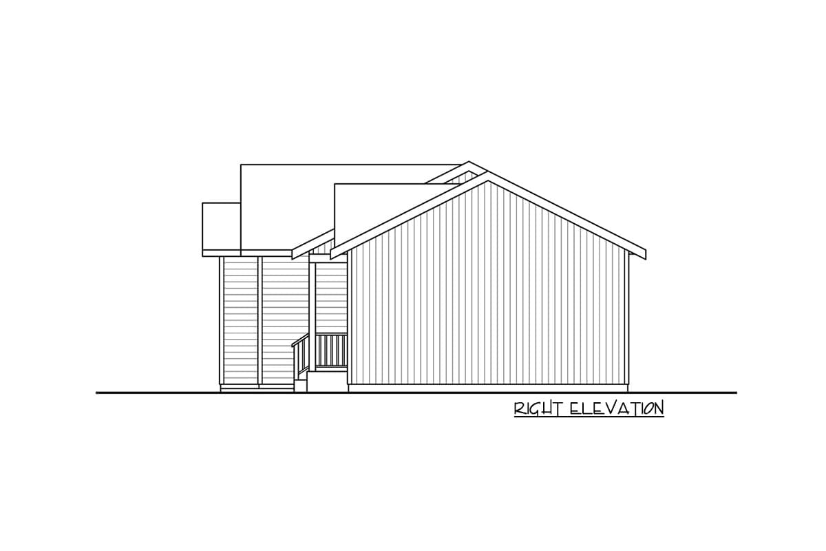 Right elevation house plan drawing showing a covered entry with railing and a gable roofline.