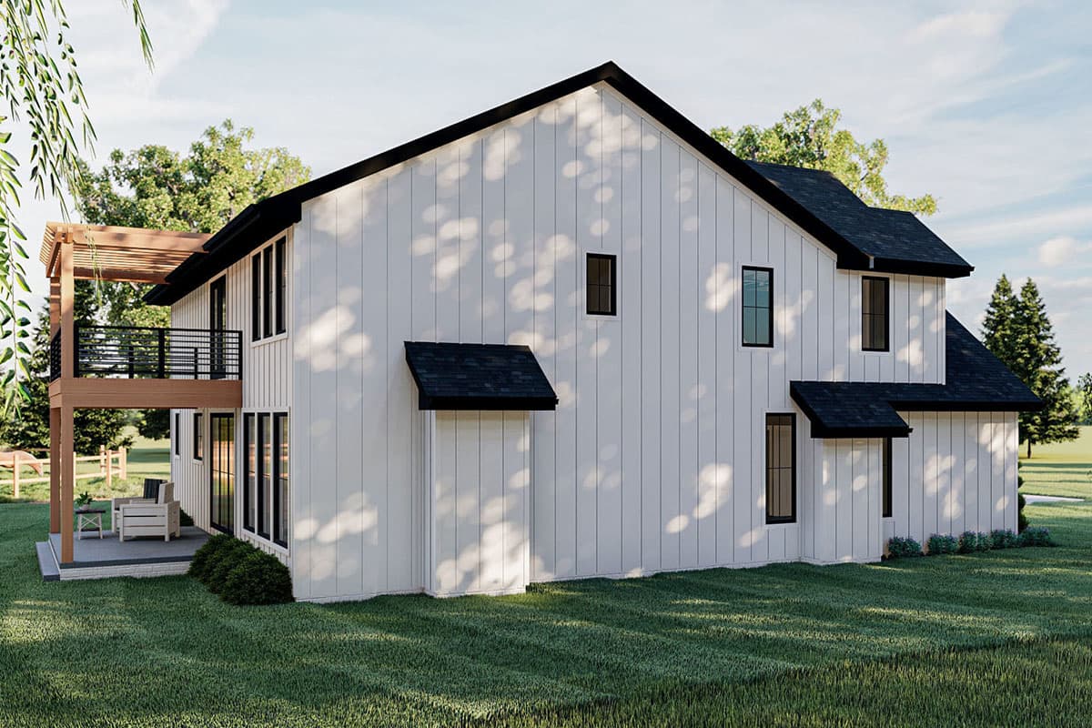 Modern Farmhouse house plan exterior with white vertical siding, black rooflines, second-story balcony, and large windows.