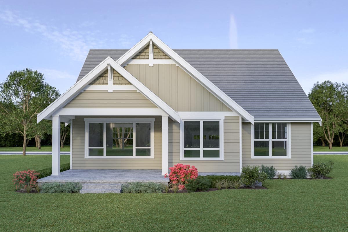 Craftsman style house plan exterior with a gable roof, covered porch, and large windows.